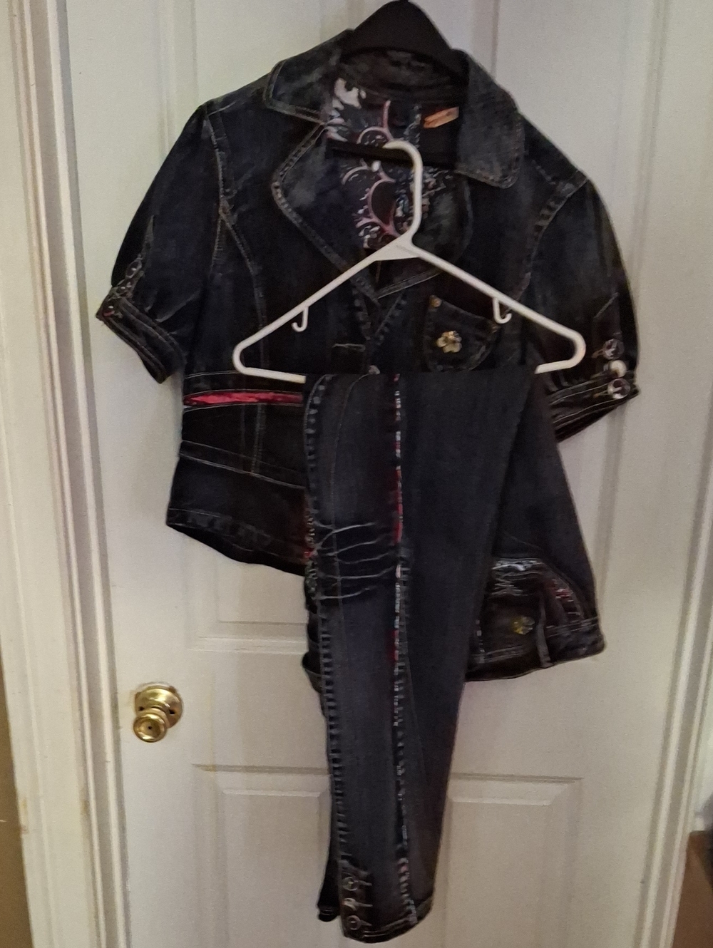 Vintage Dereon Dark Denim Jacket with  Yellow Embroidery Pants Set